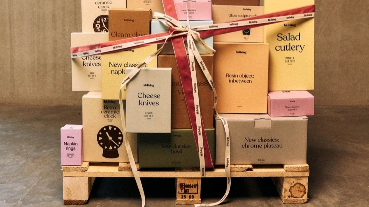 shipping pallet with colorful boxes