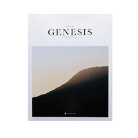 Album cover titled 'Genesis' with a mountain silhouette on a light background