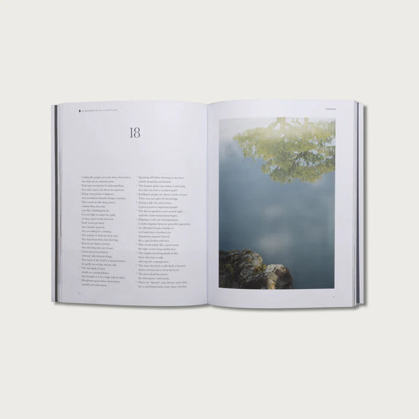 Open book with a page showing text and another with a nature scene of a tree reflected in water.