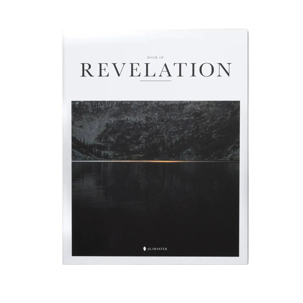 Book cover titled 'Revelation' with a landscape of a lake and mountains on a white background