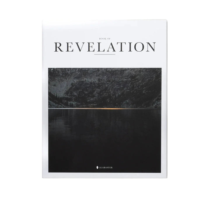Book cover titled 'Revelation' with a landscape of a lake and mountains on a white background