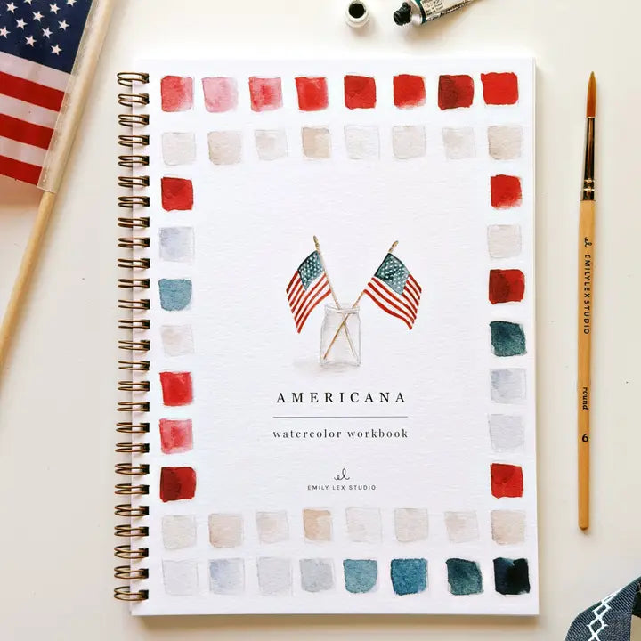 Water paint coloring book titled 'Americana Watercolor Workbook' with watercolor flags and color swatches on a white background.