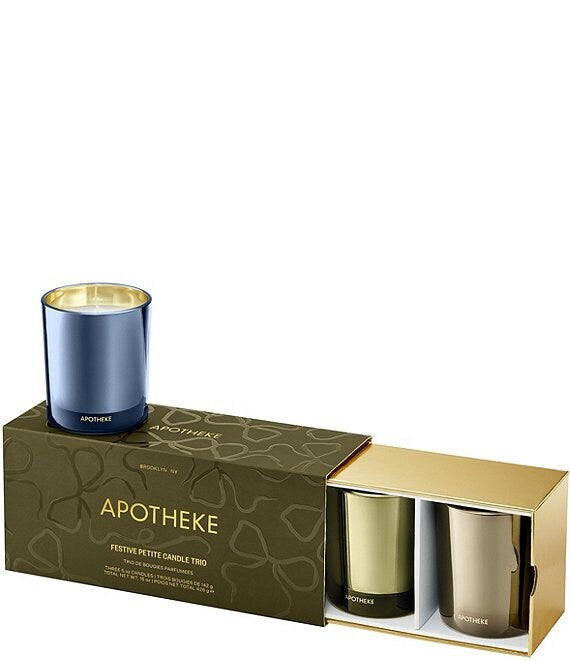 Apotheke candle set with a blue candle and two gold candles in a decorative box on a white background.