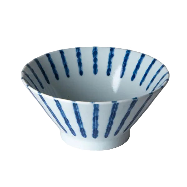 Ceramic bowl with blue stripes on a white background