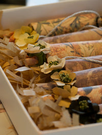 Decorative gift wrap with flowers and ribbons in a box
