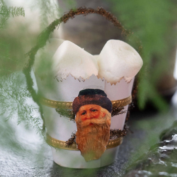 Decorative figurine of  a vintage Santa Claus image  surrounded by greenery.