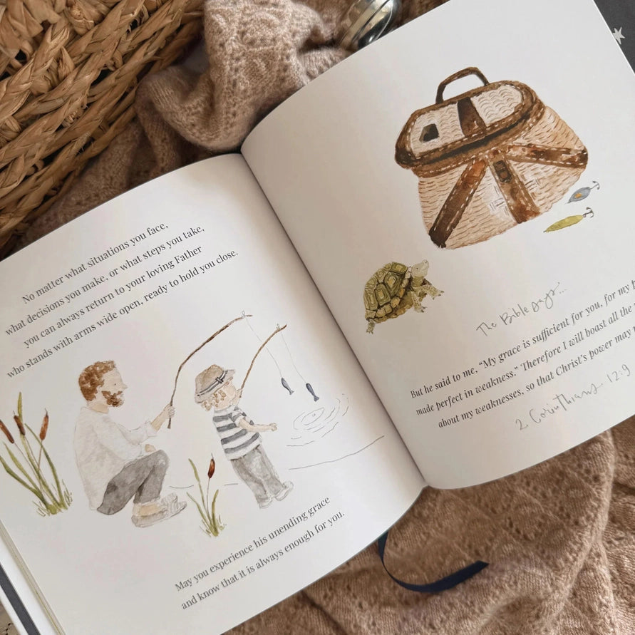 pages of a children's book with text and illustration of a dad and son fishing