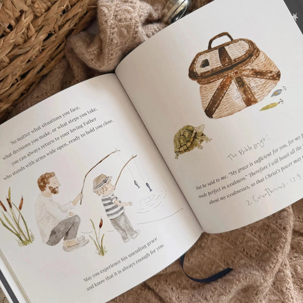 pages of a children's book with text and illustration of a dad and son fishing