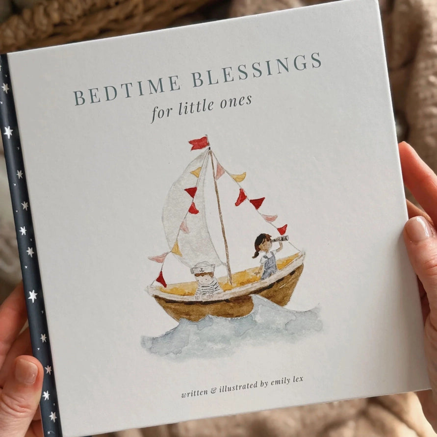 Children's book with title bedtime blessing on a soft blanket with a boot as illustration