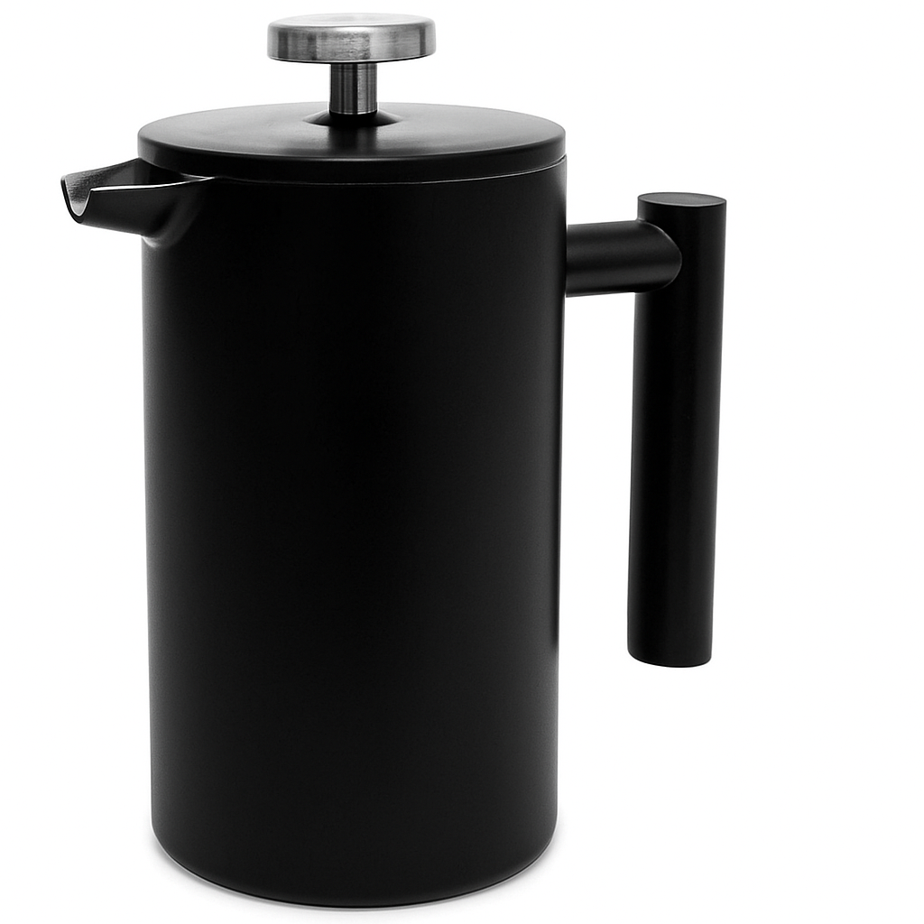 Black French press coffee maker on a white background