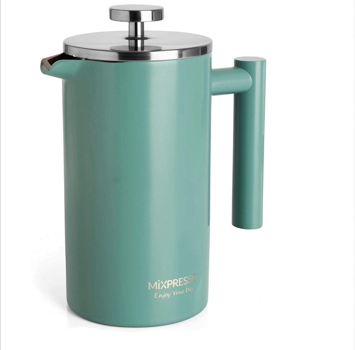 Teal French press coffee maker with silver lid on a white background