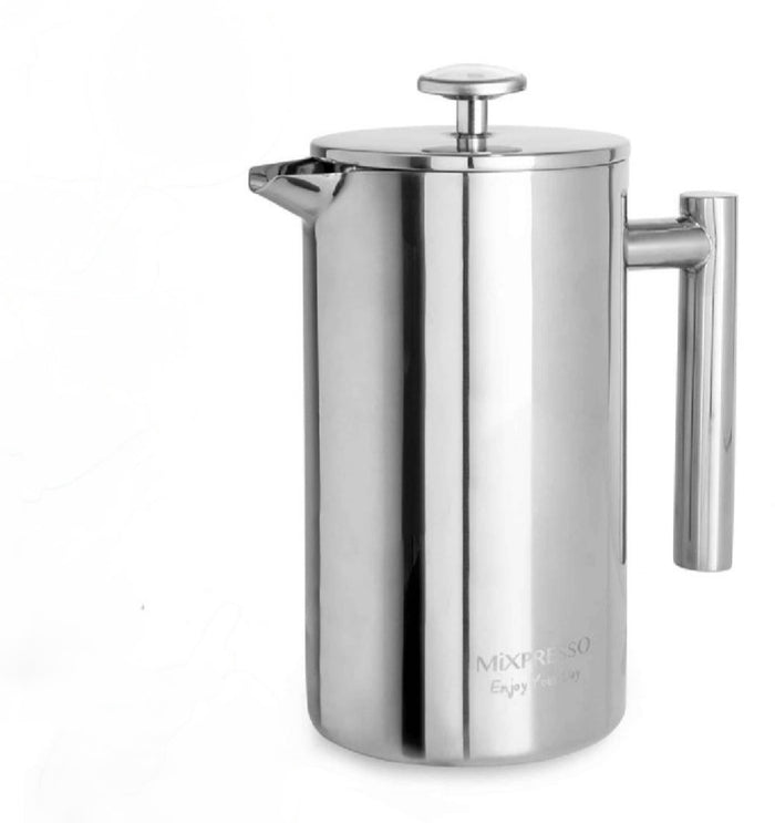 Stainless steel French press coffee maker on a white background