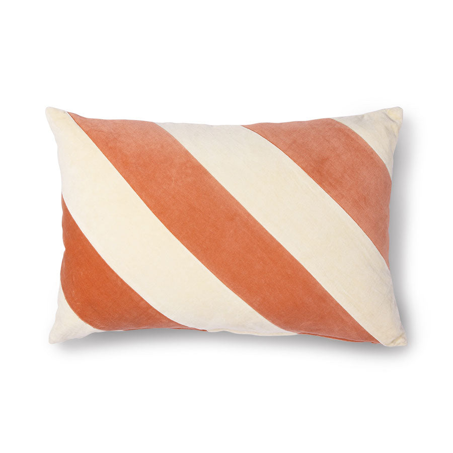 peach and cream colored striped lumbar shape pillow