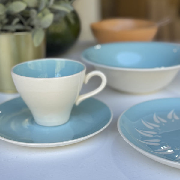 Ceramic tableware set with blue and white design on a light surface.