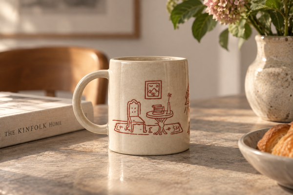 a beige mug with ear and hand stamped red illustration of an interior on a table