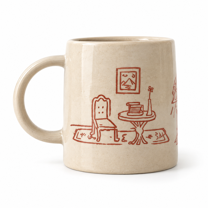 a beige mug with ear and hand stamped red illustration of an interior