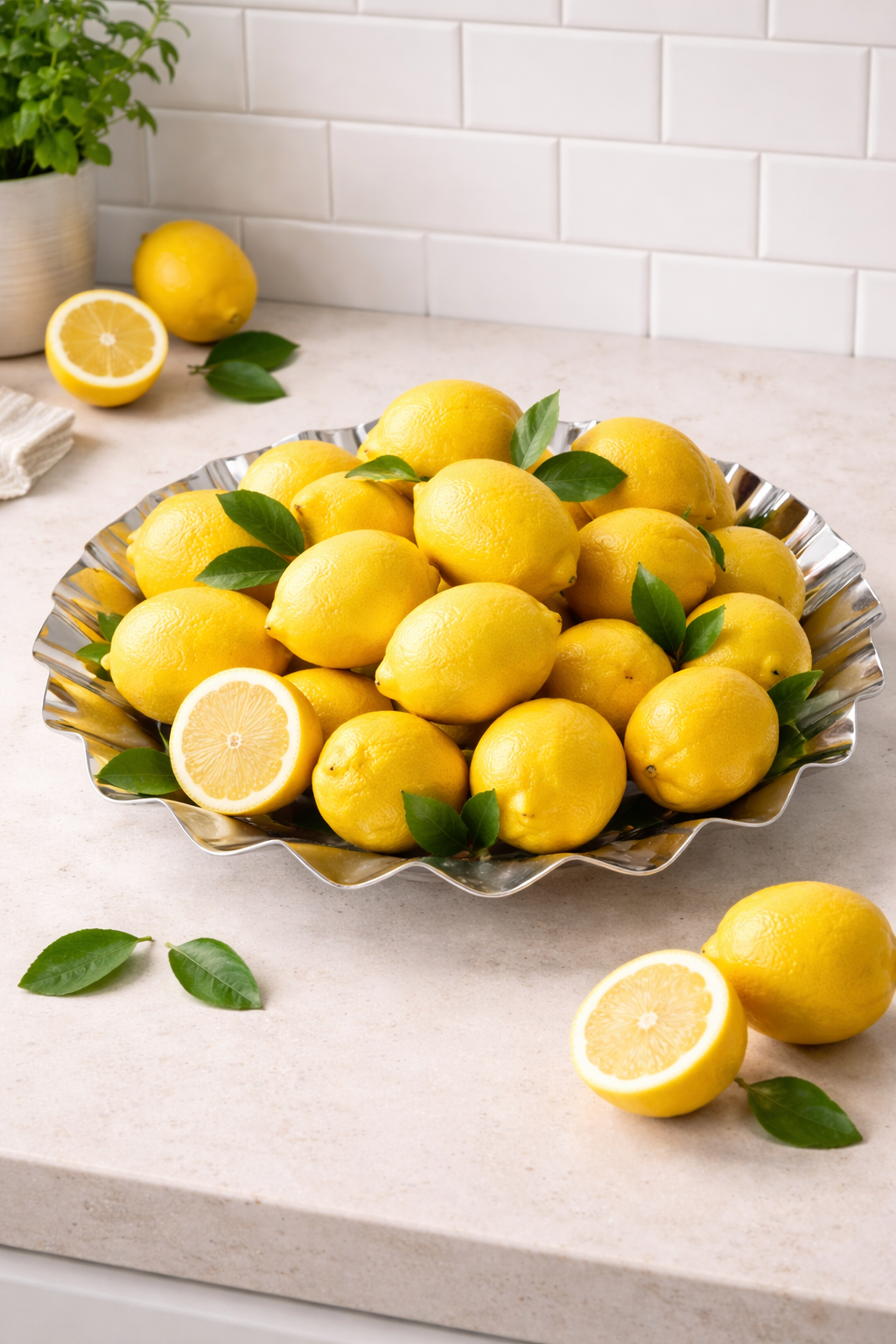 Bowl of lemons on a kitchen counter with a white tiled wall in the background