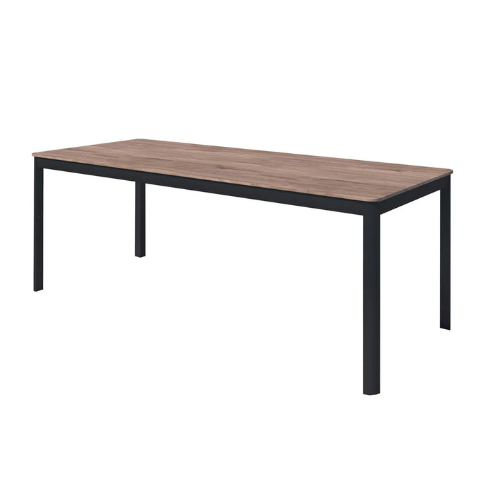 Rectangular table with wooden top and black metal legs on a white background
