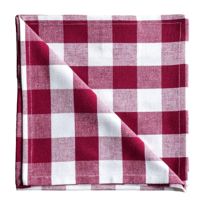 Folded red and white checkered fabric  napkin on a white surface