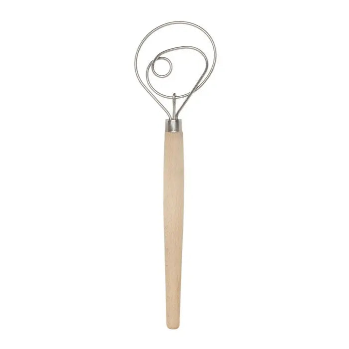 Metal whisk with wooden handle on a white background