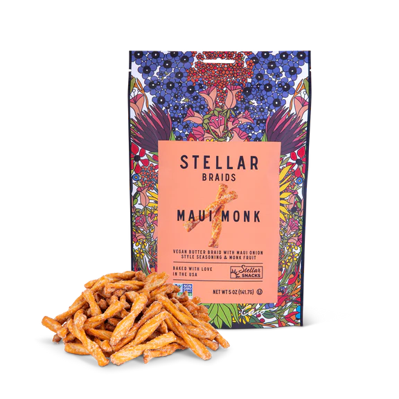 Stellar Snacks Maui Monk snack package with colorful design on a white background