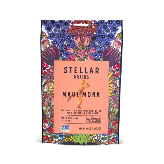 Stellar Braids Maui Monk snack package with colorful floral design on a white background