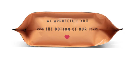 Brown package with 'We appreciate you from the bottom of our hearts' text and a heart symbol on a white background