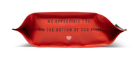 Red pouch with text 'We appreciate you from the bottom of our hearts' on a white background