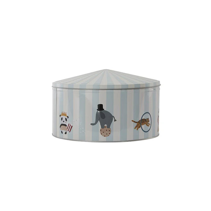 Striped children's storage box with animal illustrations on a white background