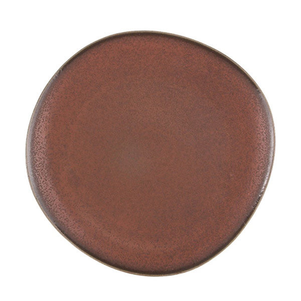 Round brown ceramic plate on a white background