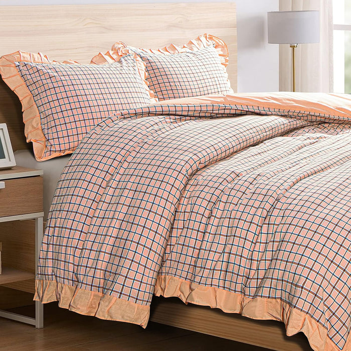 bed with ruffled edge bedding in pink and other colors