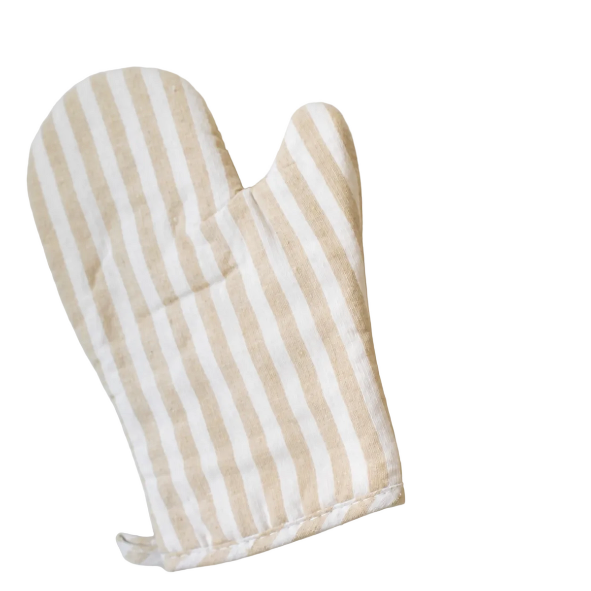 Beige and white striped oven mitt on a light gray background