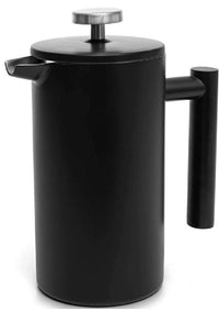 Black French press coffee maker on a white background