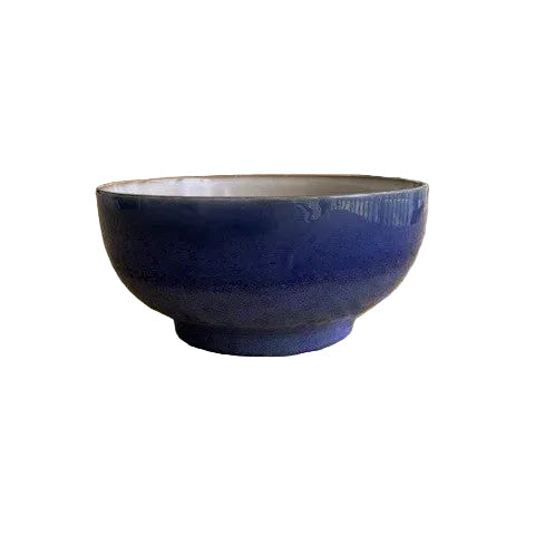 Blue bowl on a floral tablecloth with a potted plant in the background