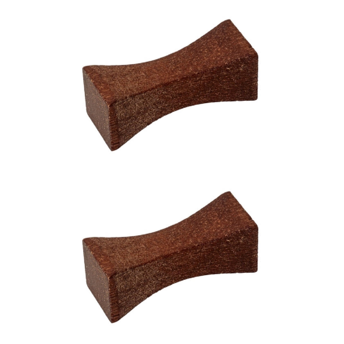 Two brown wooden chopstick rests on a white background