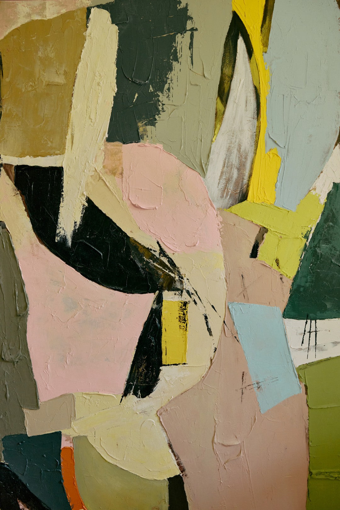 Abstract expressionist painting with thick impasto brushstrokes in pink, beige, black, yellow, light blue, green, and gray.