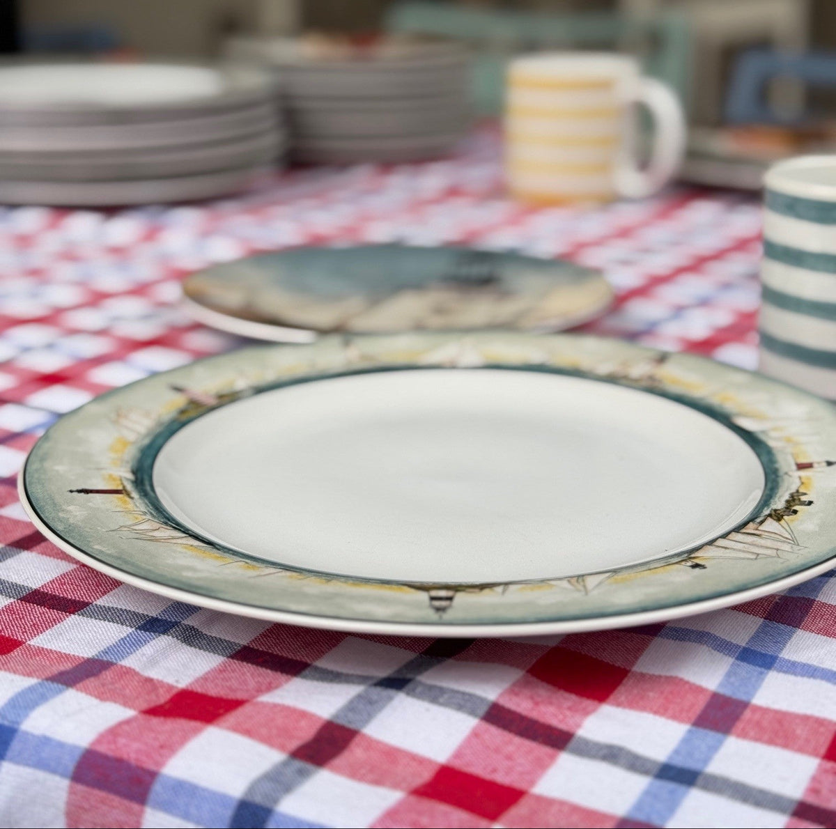 A ceramic dinner plate with a white center and a green, blue, and gold patterned rim, set on a red, white, and blue checkered tablecloth. Other plates and striped mugs are blurred in the background.