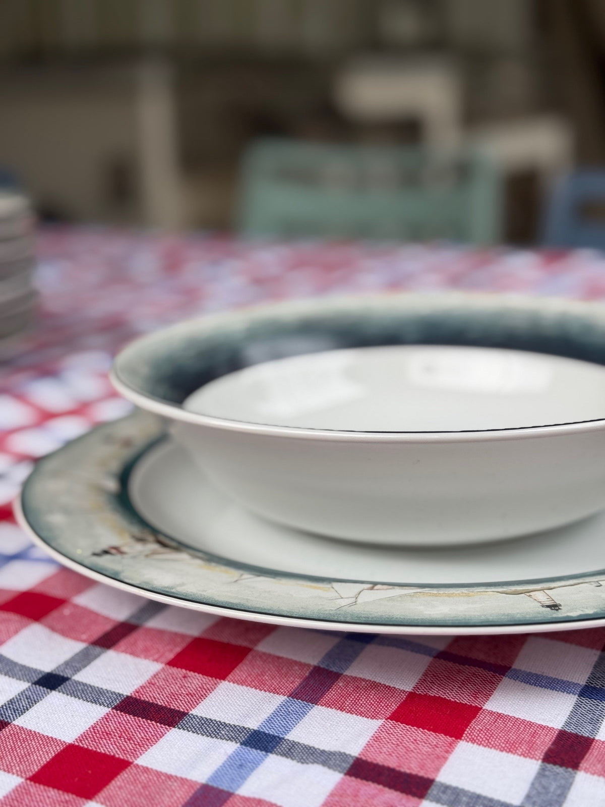 A white ceramic bowl with a dark blue rim sits on a matching plate with a blue and beige patterned edge, placed on a red, white, and blue checkered tablecloth.