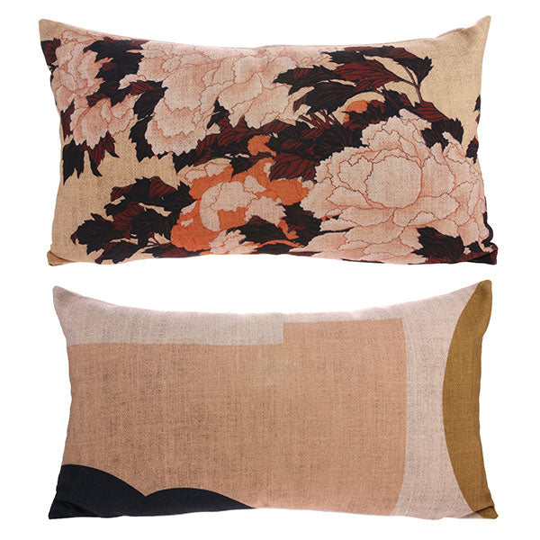 Two decorative pillows with floral and abstract patterns on a white background