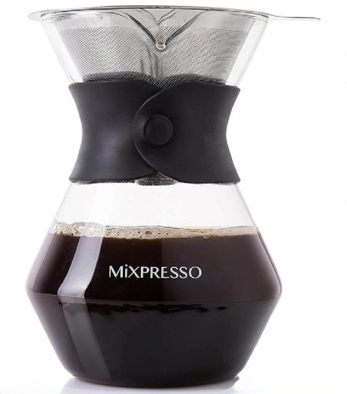Glass coffee maker with black lid and 'Mixpresso' branding on a white background