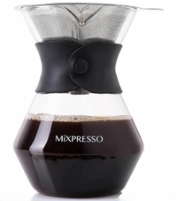 Glass coffee maker with black lid and 'Mixpresso' branding on a white background