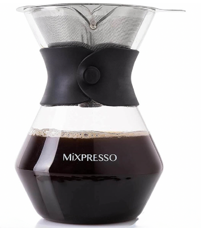 Glass coffee maker with black lid and 'Mixpresso' branding on a white background