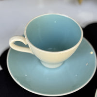 Teal cup and saucer set on a white surface with green leaves in the background