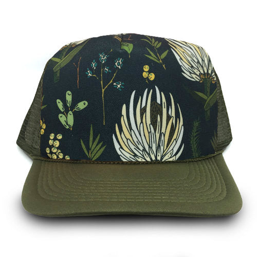 Trucker hat with floral pattern on mesh back and olive green bill