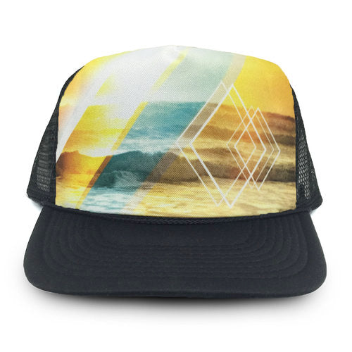 Trucker hat with geometric pattern on a white background