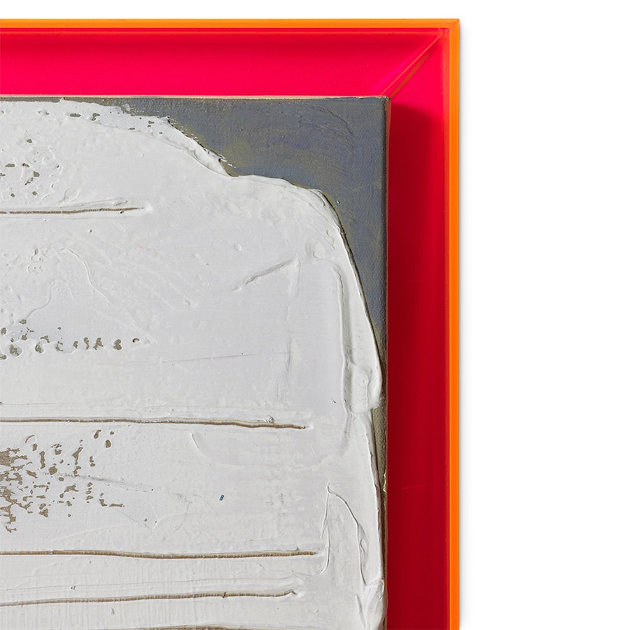 detail of pink acrylic frame and white and grey paint