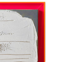 detail of pink acrylic frame and white and grey paint