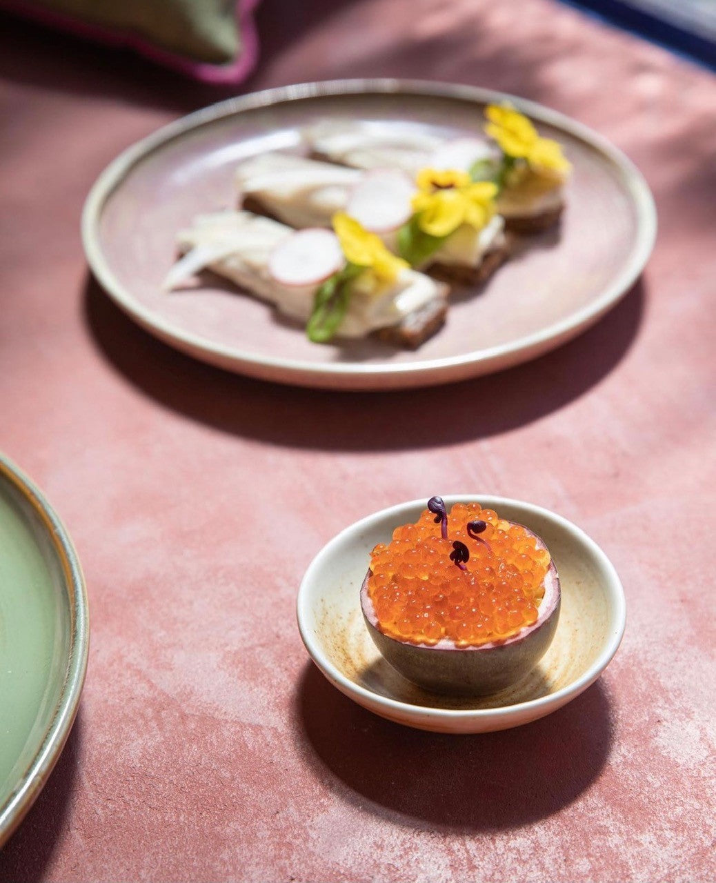 Two plates of food with caviar on a pink surface