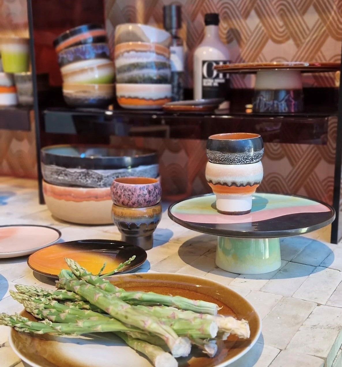 retro style tableware on kitchen island