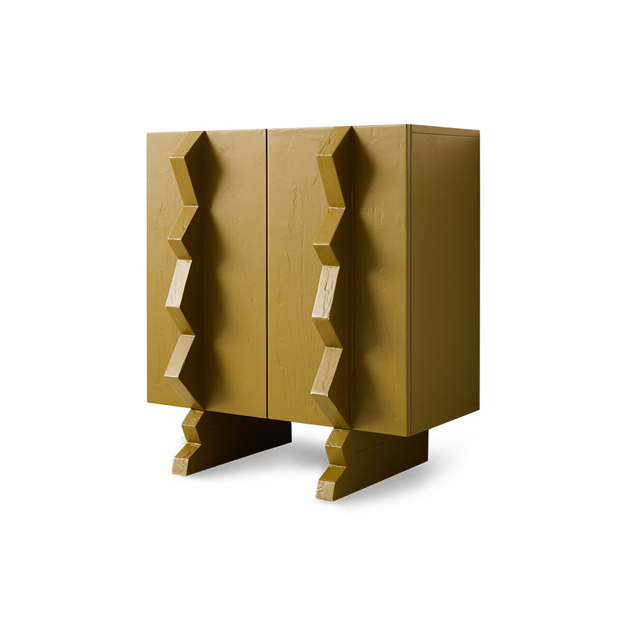 olive green wooden cabinet with sculptural handles